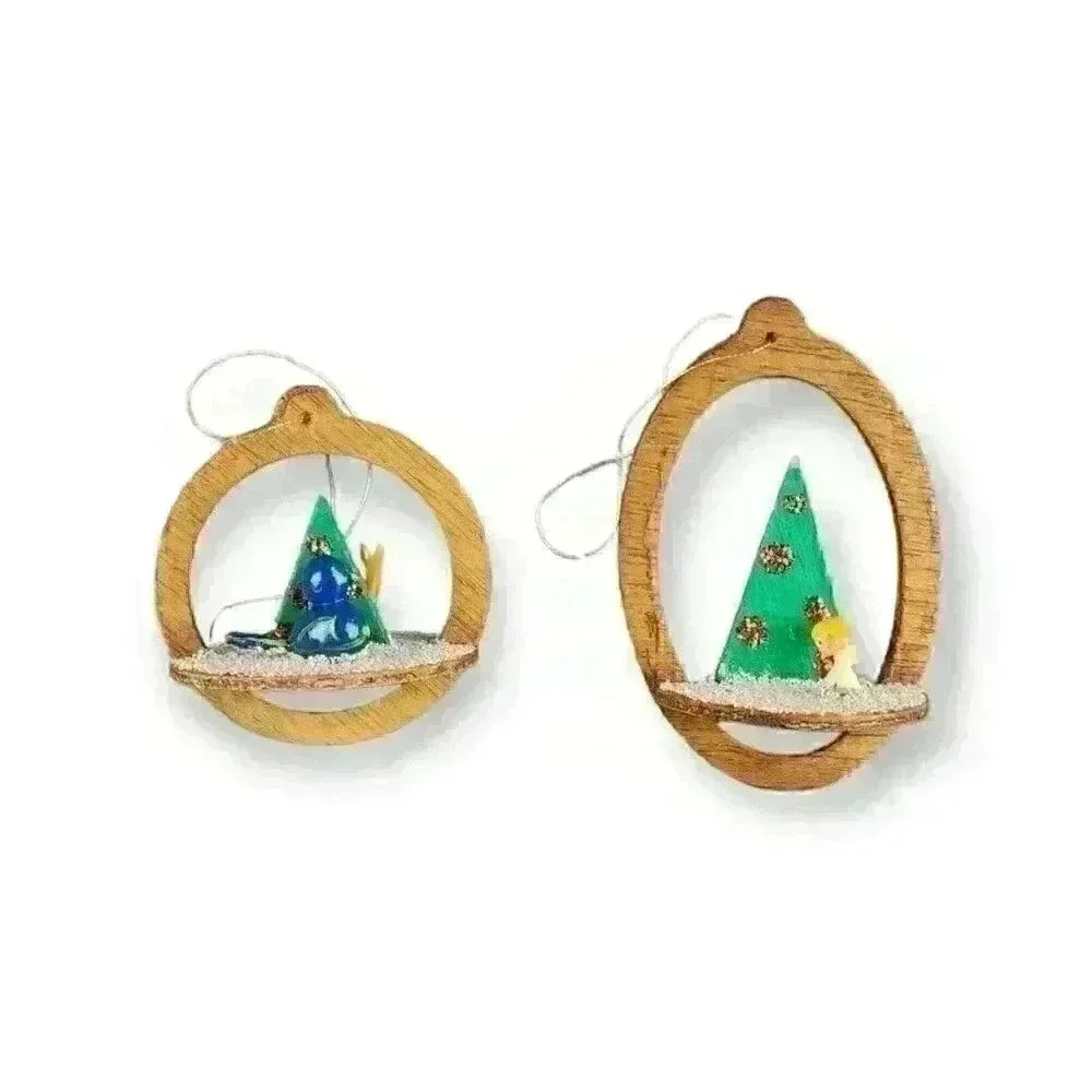 Vintage Wooden Diorama Folk Art Wood Christmas Ornaments (Pair) Bird & Snowman